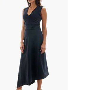 Socialite Shirred Waist Sleeveless Asymmetric Midi Dress Navy M holiday party